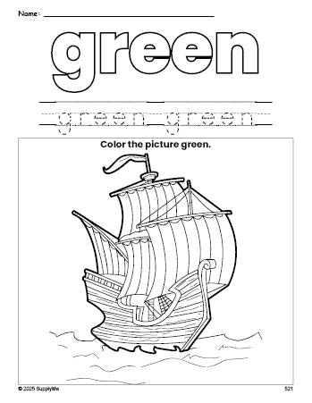 Free Thanksgiving Mayflower color green coloring page and color worksheet, green worksheet for preschoolers to learn colors, printable PDF