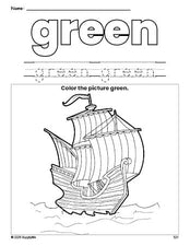 Free Thanksgiving Mayflower color green coloring page and color worksheet, green worksheet for preschoolers to learn colors, printable PDF