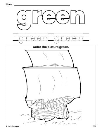 Free Thanksgiving Mayflower color green coloring page and color worksheet, green worksheet for preschoolers to learn colors, printable PDF