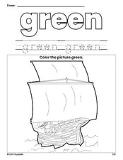 Free Thanksgiving Mayflower color green coloring page and color worksheet, green worksheet for preschoolers to learn colors, printable PDF