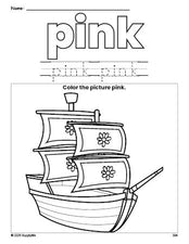 Free Thanksgiving Mayflower color pink coloring page and color worksheet, pink worksheet for preschoolers to learn colors, printable PDF