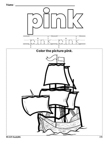 Free Thanksgiving Mayflower color pink coloring page and color worksheet, pink worksheet for preschoolers to learn colors, printable PDF