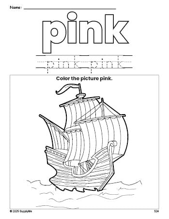 Free Thanksgiving Mayflower color pink coloring page and color worksheet, pink worksheet for preschoolers to learn colors, printable PDF