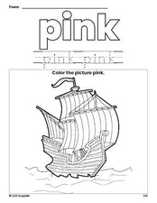 Free Thanksgiving Mayflower color pink coloring page and color worksheet, pink worksheet for preschoolers to learn colors, printable PDF