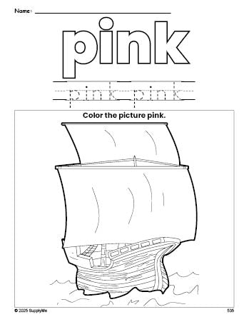 Free Thanksgiving Mayflower color pink coloring page and color worksheet, pink worksheet for preschoolers to learn colors, printable PDF