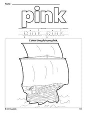 Free Thanksgiving Mayflower color pink coloring page and color worksheet, pink worksheet for preschoolers to learn colors, printable PDF