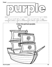 Free Thanksgiving Mayflower color purple coloring page and color worksheet, purple worksheet for preschoolers to learn colors, printable PDF