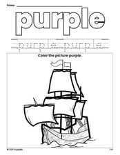 Free Thanksgiving Mayflower color purple coloring page and color worksheet, purple worksheet for preschoolers to learn colors, printable PDF