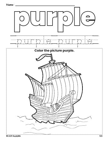 Free Thanksgiving Mayflower color purple coloring page and color worksheet, purple worksheet for preschoolers to learn colors, printable PDF