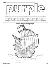 Free Thanksgiving Mayflower color purple coloring page and color worksheet, purple worksheet for preschoolers to learn colors, printable PDF