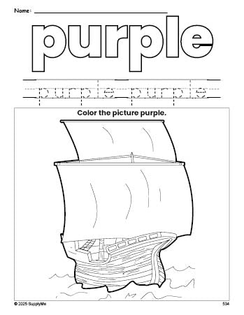 Free Thanksgiving Mayflower color purple coloring page and color worksheet, purple worksheet for preschoolers to learn colors, printable PDF