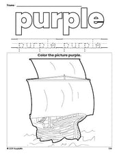 Free Thanksgiving Mayflower color purple coloring page and color worksheet, purple worksheet for preschoolers to learn colors, printable PDF