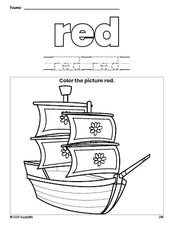 Free Thanksgiving Mayflower color red coloring page and color worksheet, red worksheet for preschoolers to learn colors, printable PDF