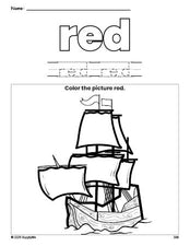 Free Thanksgiving Mayflower color red coloring page and color worksheet, red worksheet for preschoolers to learn colors, printable PDF