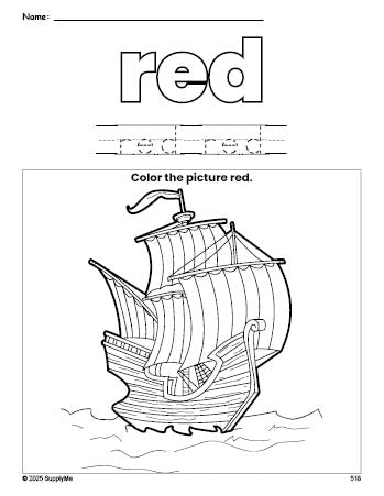 Free Thanksgiving Mayflower color red coloring page and color worksheet, red worksheet for preschoolers to learn colors, printable PDF