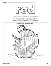 Free Thanksgiving Mayflower color red coloring page and color worksheet, red worksheet for preschoolers to learn colors, printable PDF