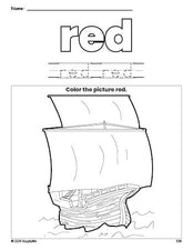 Free Thanksgiving Mayflower color red coloring page and color worksheet, red worksheet for preschoolers to learn colors, printable PDF