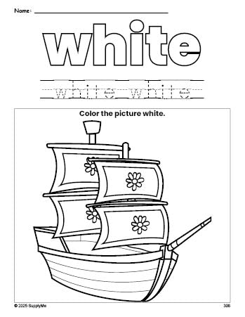 Free Thanksgiving Mayflower color white coloring page and color worksheet, white worksheet for preschoolers to learn colors, printable PDF