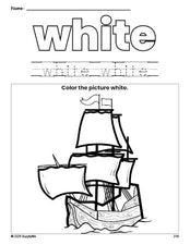 Free Thanksgiving Mayflower color white coloring page and color worksheet, white worksheet for preschoolers to learn colors, printable PDF