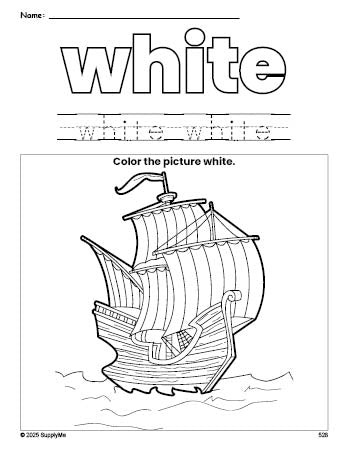 Free Thanksgiving Mayflower color white coloring page and color worksheet, white worksheet for preschoolers to learn colors, printable PDF