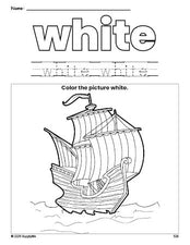 Free Thanksgiving Mayflower color white coloring page and color worksheet, white worksheet for preschoolers to learn colors, printable PDF