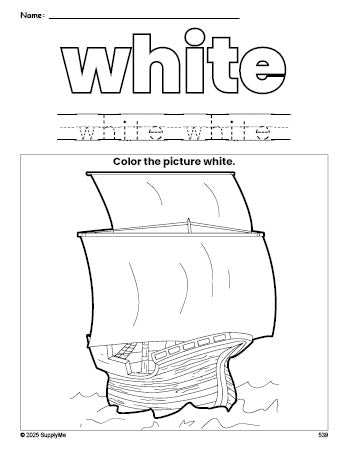 Free Thanksgiving Mayflower color white coloring page and color worksheet, white worksheet for preschoolers to learn colors, printable PDF