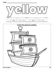 Free Thanksgiving Mayflower color yellow coloring page and color worksheet, yellow worksheet for preschoolers to learn colors, printable PDF