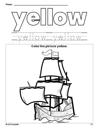 Free Thanksgiving Mayflower color yellow coloring page and color worksheet, yellow worksheet for preschoolers to learn colors, printable PDF