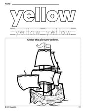 Free Thanksgiving Mayflower color yellow coloring page and color worksheet, yellow worksheet for preschoolers to learn colors, printable PDF