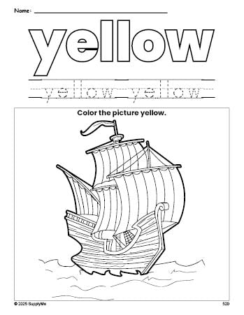 Free Thanksgiving Mayflower color yellow coloring page and color worksheet, yellow worksheet for preschoolers to learn colors, printable PDF