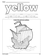 Free Thanksgiving Mayflower color yellow coloring page and color worksheet, yellow worksheet for preschoolers to learn colors, printable PDF