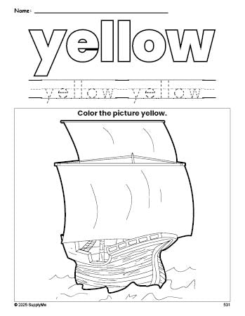 Free Thanksgiving Mayflower color yellow coloring page and color worksheet, yellow worksheet for preschoolers to learn colors, printable PDF