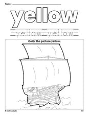 Free Thanksgiving Mayflower color yellow coloring page and color worksheet, yellow worksheet for preschoolers to learn colors, printable PDF