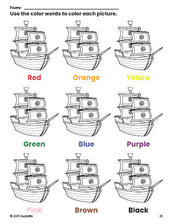 Free Thanksgiving Mayflower coloring page and color worksheet for preschoolers to learn colors, printable PDF