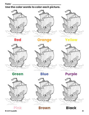 Free Thanksgiving Mayflower coloring page and color worksheet for preschoolers to learn colors, printable PDF