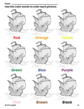 Free Thanksgiving Mayflower coloring page and color worksheet for preschoolers to learn colors, printable PDF