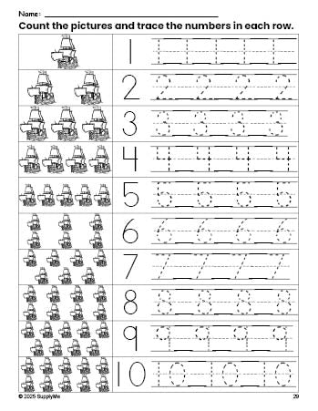 Free printable Thanksgiving Mayflower counting worksheet for preschool and pre-k with number tracing practice 1-10, PDF