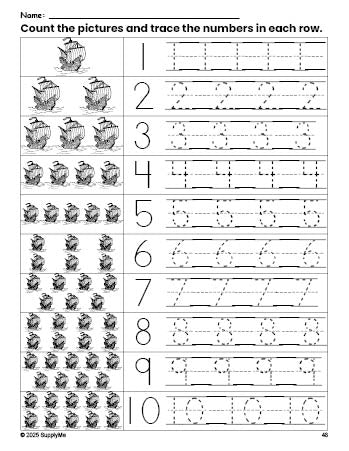 Free printable Thanksgiving Mayflower counting worksheet for preschool and pre-k with number tracing practice 1-10, PDF