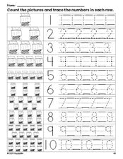 Free printable Thanksgiving Mayflower counting worksheet for preschool and pre-k with number tracing practice 1-10, PDF