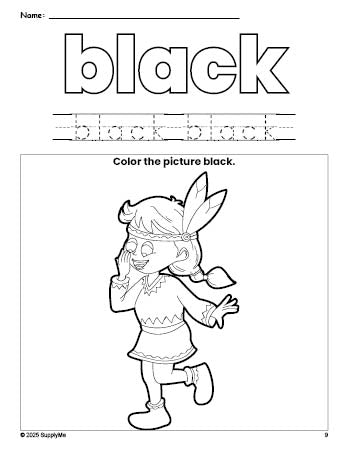 Free Thanksgiving Native American color black coloring page and color worksheet, black worksheet for preschoolers to learn colors, printable PDF