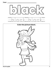 Free Thanksgiving Native American color black coloring page and color worksheet, black worksheet for preschoolers to learn colors, printable PDF