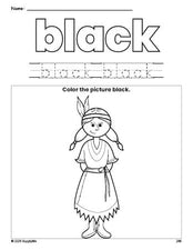 Free Thanksgiving Native American color black coloring page and color worksheet, black worksheet for preschoolers to learn colors, printable PDF