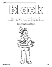 Free Thanksgiving Native American color black coloring page and color worksheet, black worksheet for preschoolers to learn colors, printable PDF