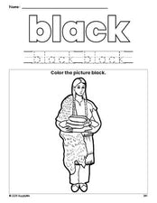 Free Thanksgiving Native American color black coloring page and color worksheet, black worksheet for preschoolers to learn colors, printable PDF