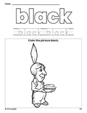 Free Thanksgiving Native American color black coloring page and color worksheet, black worksheet for preschoolers to learn colors, printable PDF