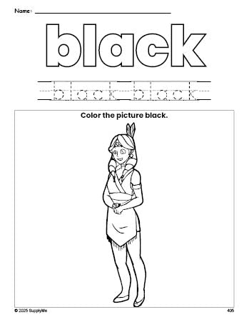 Free Thanksgiving Native American color black coloring page and color worksheet, black worksheet for preschoolers to learn colors, printable PDF