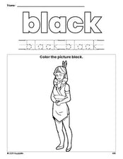 Free Thanksgiving Native American color black coloring page and color worksheet, black worksheet for preschoolers to learn colors, printable PDF