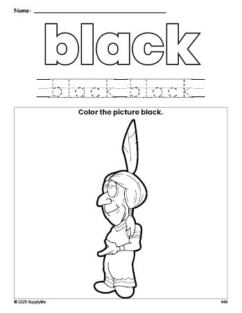 Free Thanksgiving Native American color black coloring page and color worksheet, black worksheet for preschoolers to learn colors, printable PDF