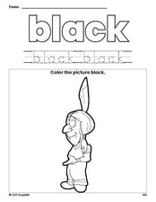 Free Thanksgiving Native American color black coloring page and color worksheet, black worksheet for preschoolers to learn colors, printable PDF