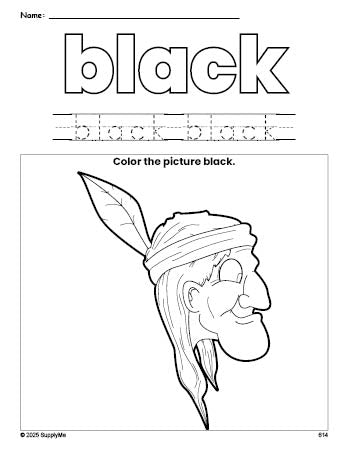 Free Thanksgiving Native American color black coloring page and color worksheet, black worksheet for preschoolers to learn colors, printable PDF